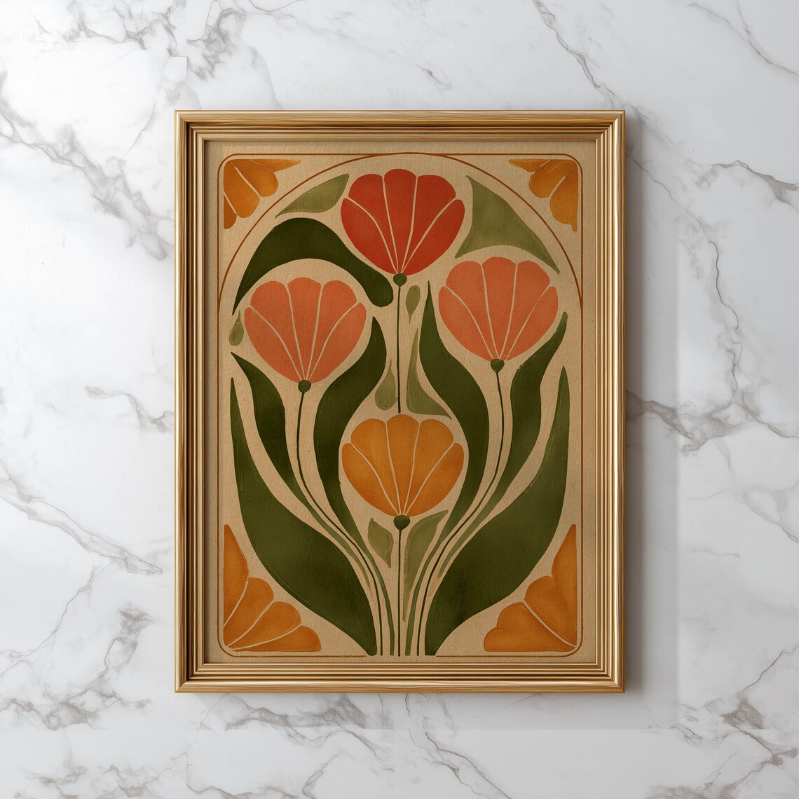 Art Nouveau Tulips Burnt Orange Olive Green Vintage Floral Poster