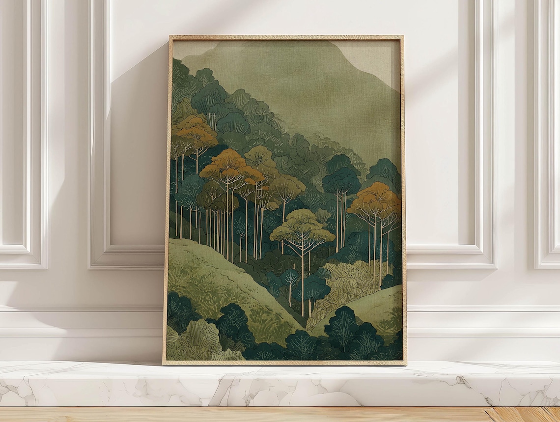 Vintage Pine Forest Landscape, Japandi Decor