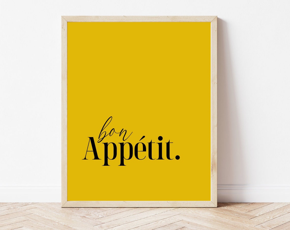 Warm Bon Appetit Mustard Yellow Kitchen Typography Wall Art Gift