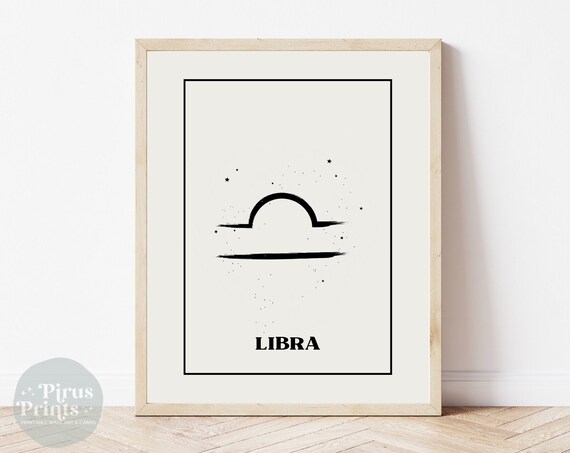Libra Scales Zodiac Sign Minimal Black White Starry Wall Art