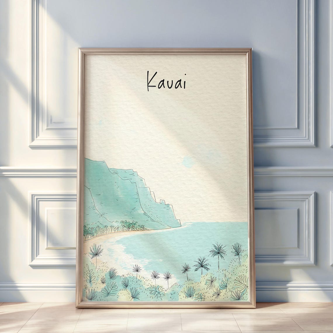 Kauai Hawaii Watercolor Poster Na Pali Coast Palms Minimal Island Art