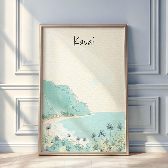 Kauai Hawaii Watercolor Poster Na Pali Coast Palms Minimal Island Art