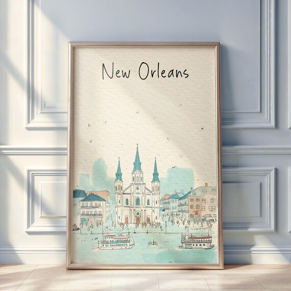 New Orleans Watercolor Poster French Quarter Cathedral Riverboat Art