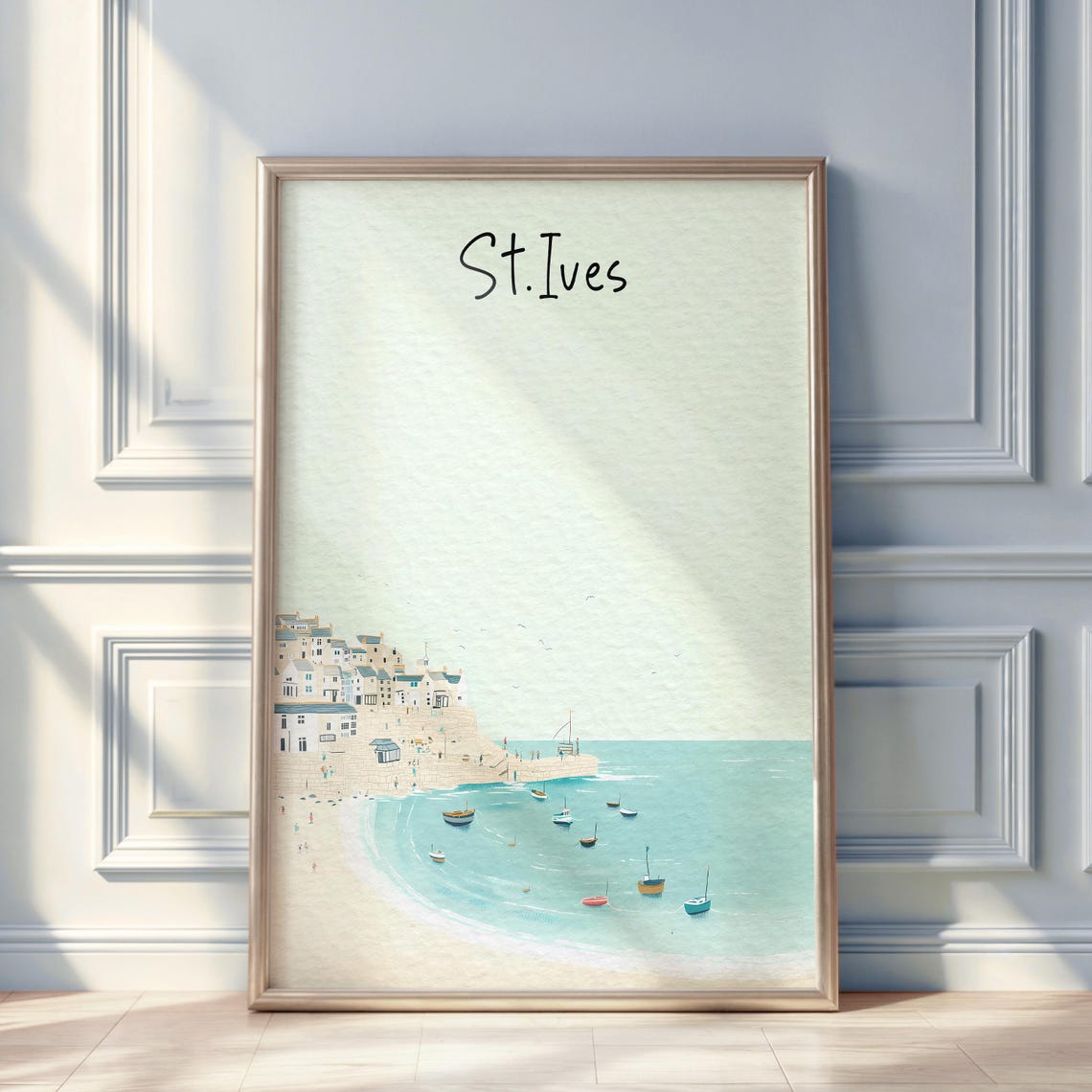 St Ives Cornwall Watercolor Poster Harbor Beach Boats Minimal Art