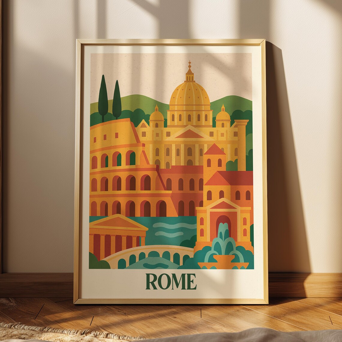 Rome Italy Landmarks Travel Poster With Colosseum and Saint Peters Dome