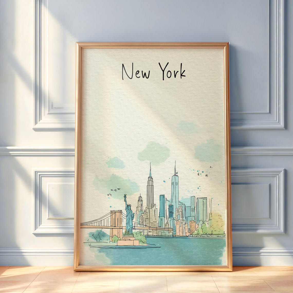 New York City Skyline Watercolor Travel Poster Hand Drawn Art