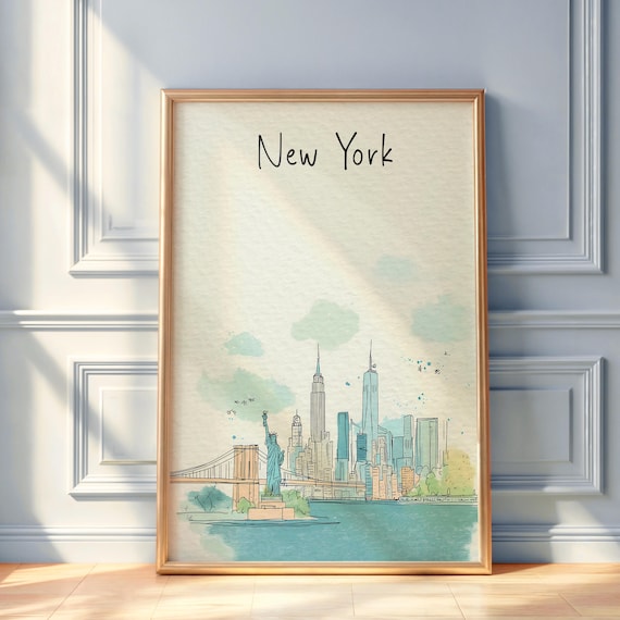 New York City Skyline Watercolor Travel Poster Hand Drawn Art