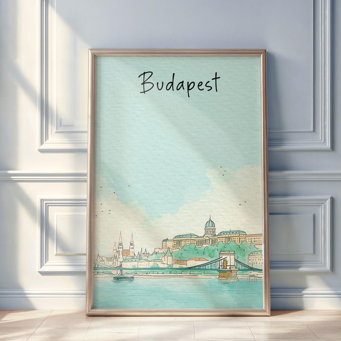 Budapest Watercolor Sketch Poster With Chain Bridge and Castle Hill