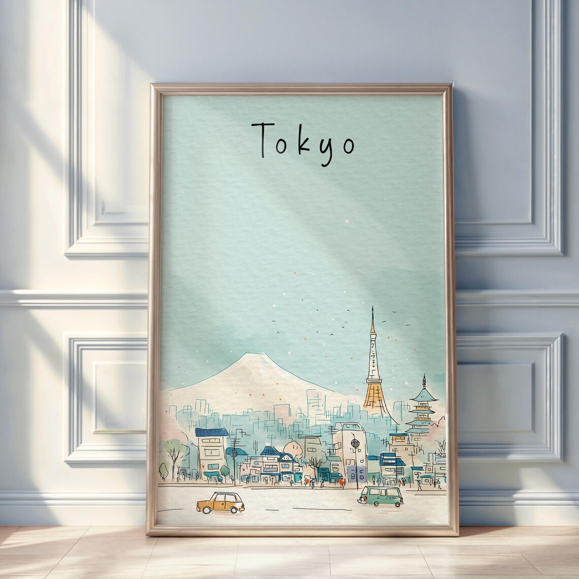 Tokyo Watercolor Travel Poster, Minimal City Illustration