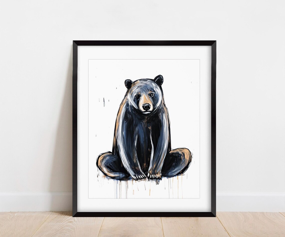 Seated Black Bear Ink Sketch on White Minimalist Background Poster - Image 3