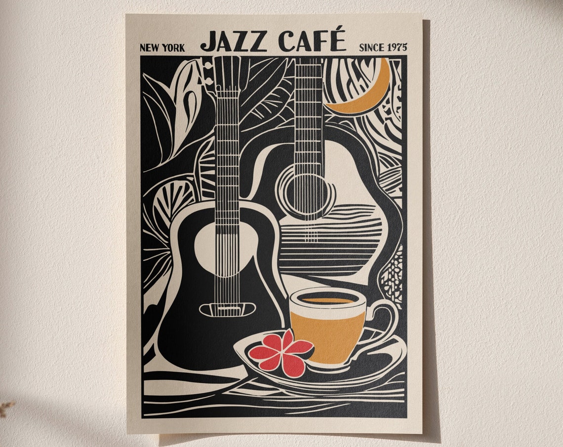 New York Jazz Café Since 1975 Guitars Coffee Cup Linocut Poster
