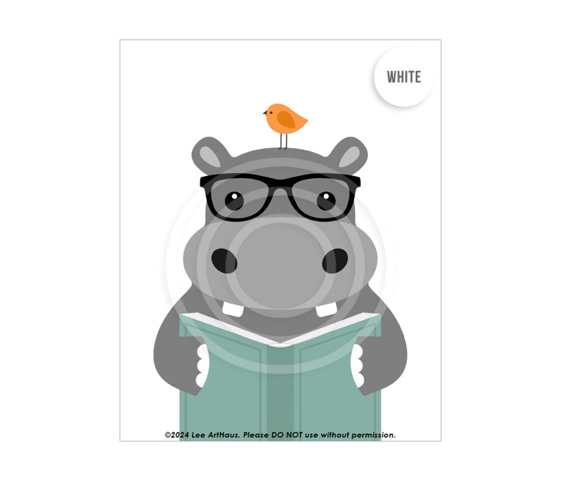 Cute Hippo Reading Book With Glasses Yellow Zoo Animal Nursery Kids Poster - Image 2