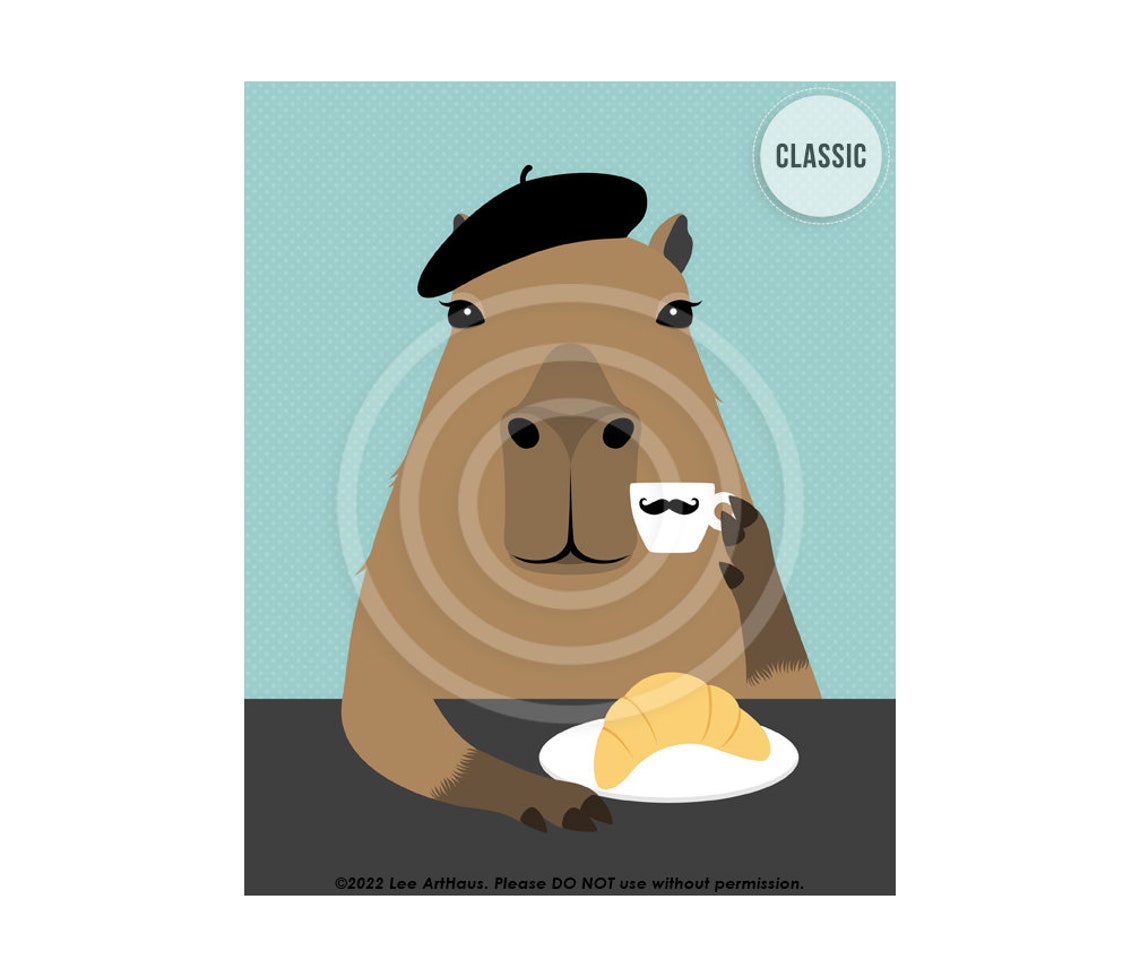 Capybara in Beret Drinking Coffee With Croissant Parisian Poster - Image 4