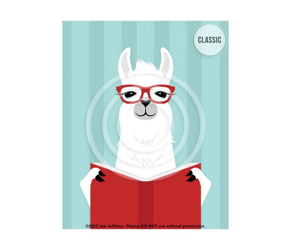 White Llama Red Glasses Reading Red Book Cute Library Decor Wall Poster