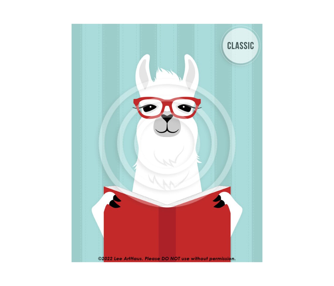White Llama Red Glasses Reading Red Book Cute Library Decor Wall Poster