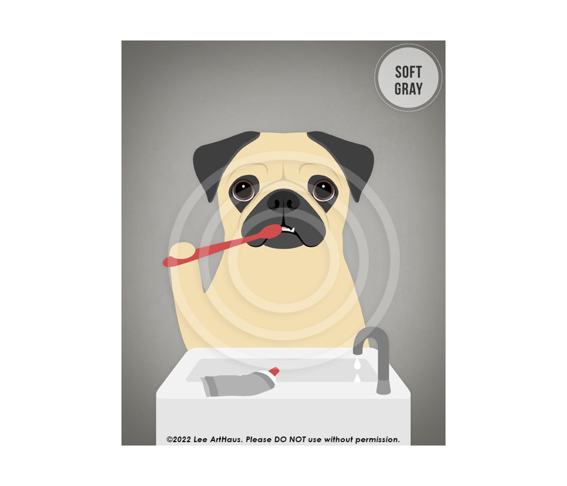 Pug Dog Brushing Teeth Bathroom Sink Toothbrush Funny Pet Poster - Image 3