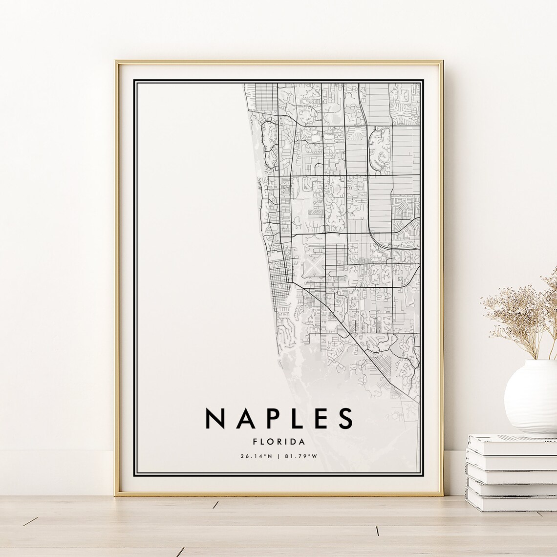 Naples Florida Minimalist City Map Black and White Street Line Art Poster