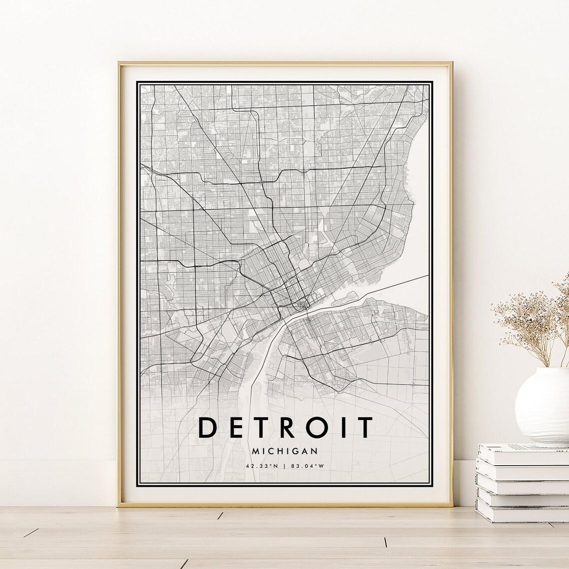 Detroit Michigan Minimalist City Map Black and White Street Line Poster