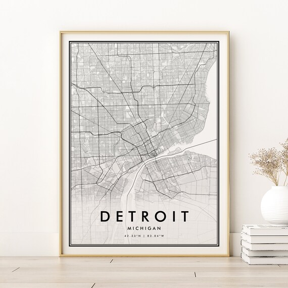 Detroit Michigan Minimalist City Map Black and White Street Line Poster