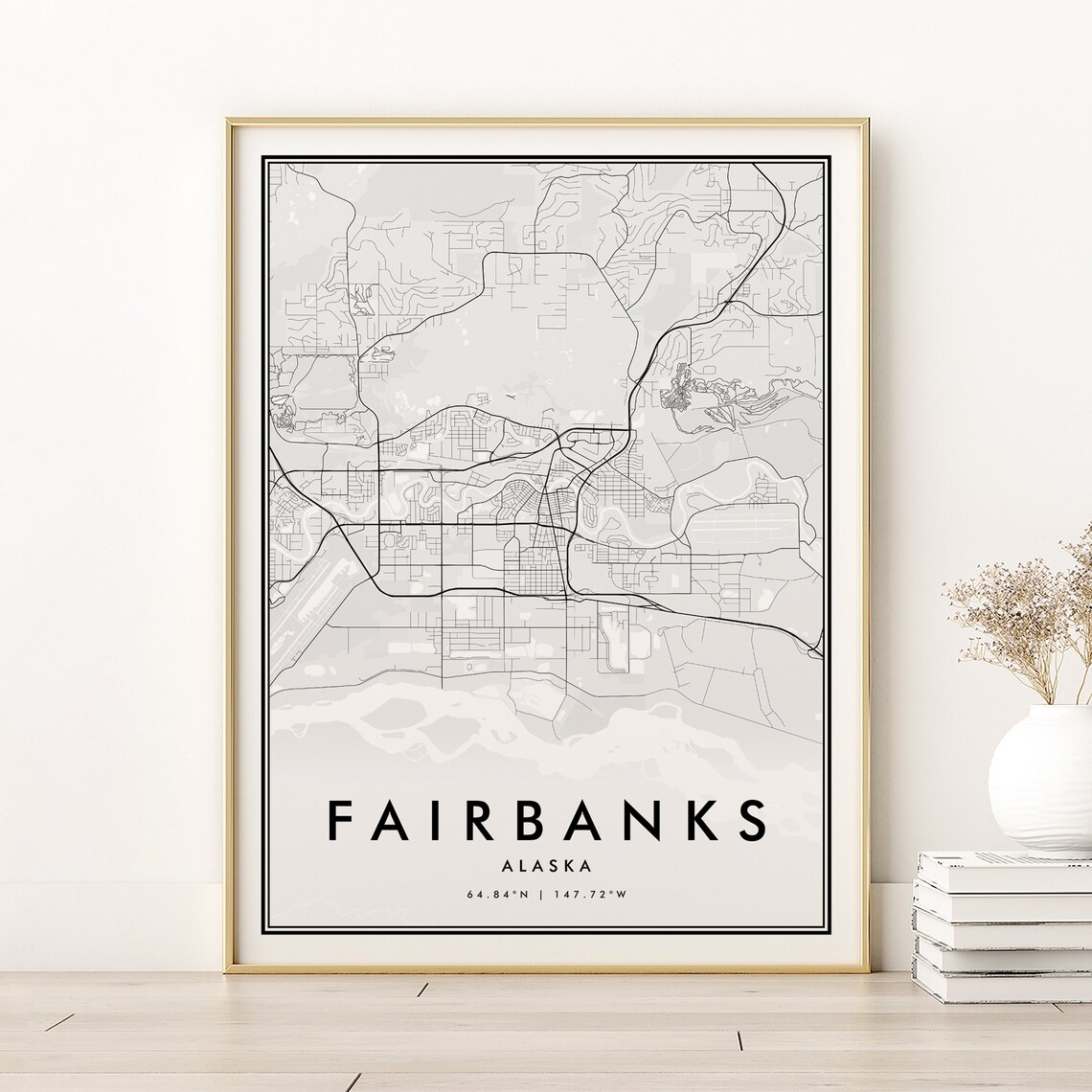Fairbanks Alaska Minimalist City Map Black and White Street Line Poster