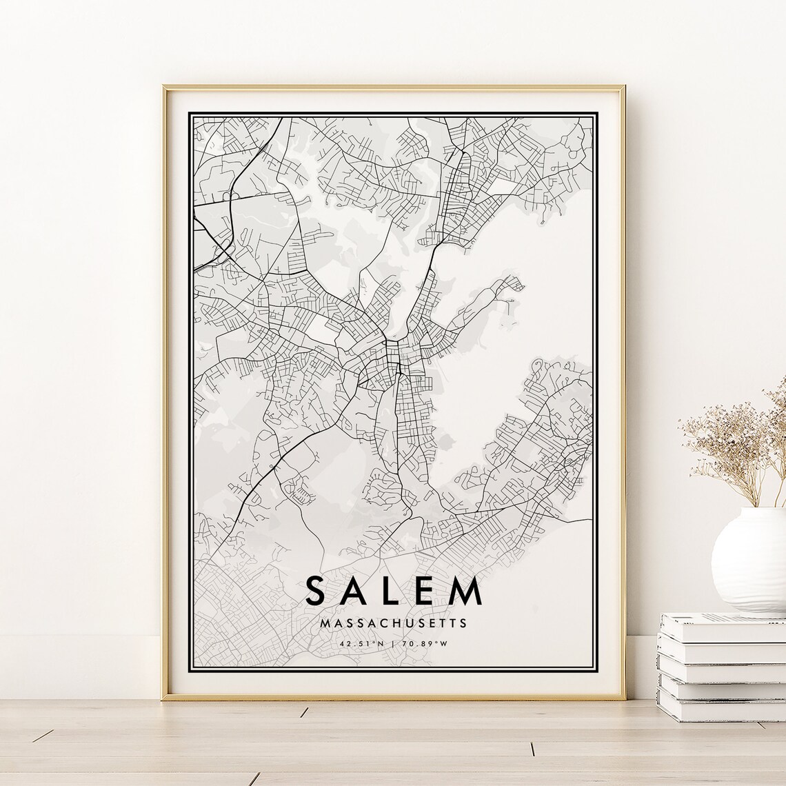 Salem City Map, Massachusetts Modern Road Poster