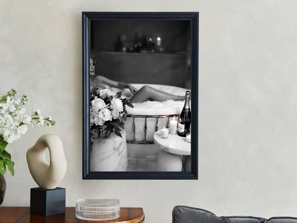 Woman Relaxing in Bubble Bath with Flowers and Champagne Poster - Image 3