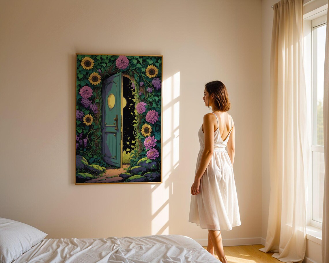 Teal Garden Door Night Portal Moonlit Stars Flower Art Print - Image 4