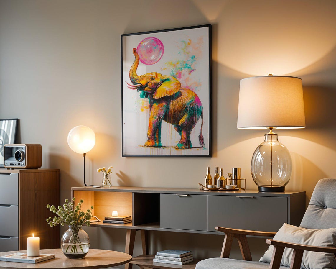 Playful Colorful Elephant Balancing Pink Bubble Modern Art Poster - Image 3