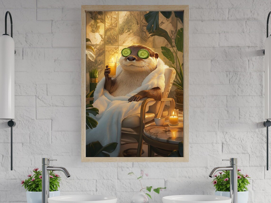 Otter Spa Day With Cucumber Eyes Candle and a Cool Cocktail Poster