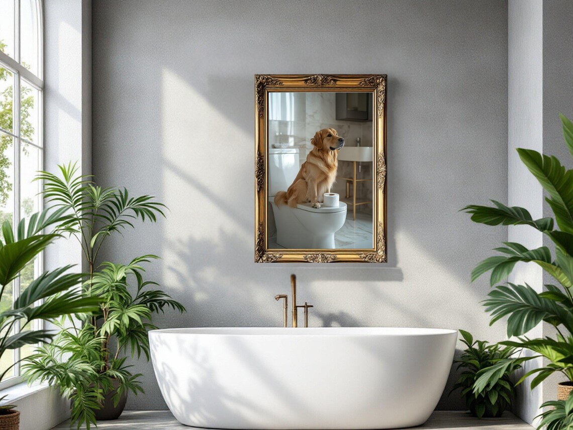 Golden Retriever Sitting on a Toilet With Toilet Paper Poster - Image 3