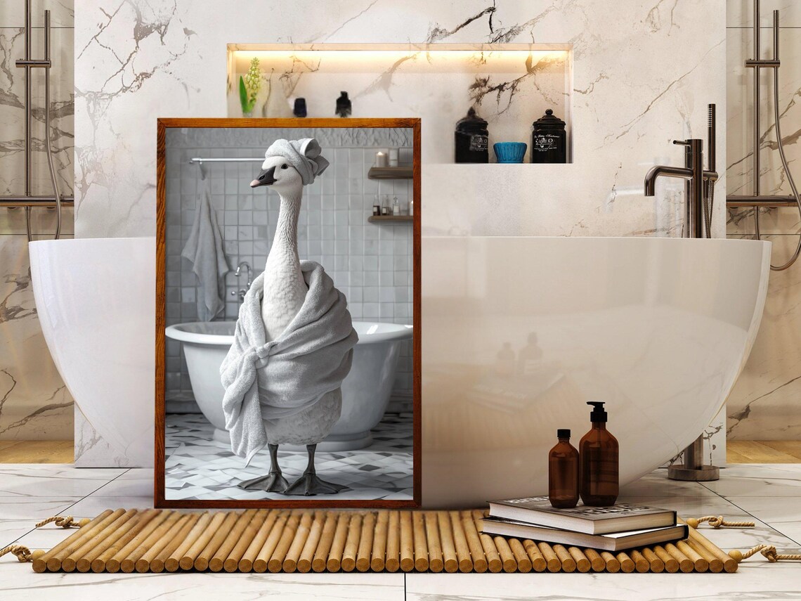 White Swan Wrapped in a Towel and Towel Turban Beside a Tub Poster - Image 5