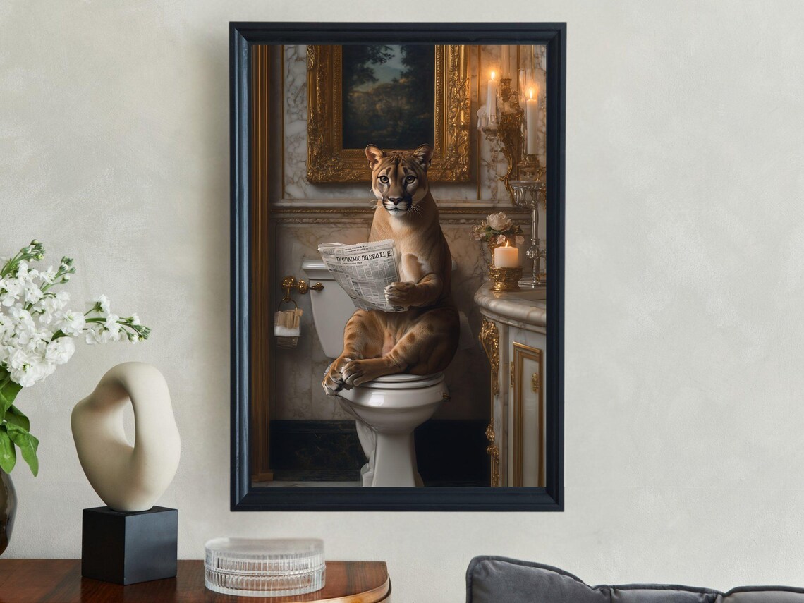 Regal Puma Reading the Newspaper in an Opulent Vintage Bathroom Poster - Image 2