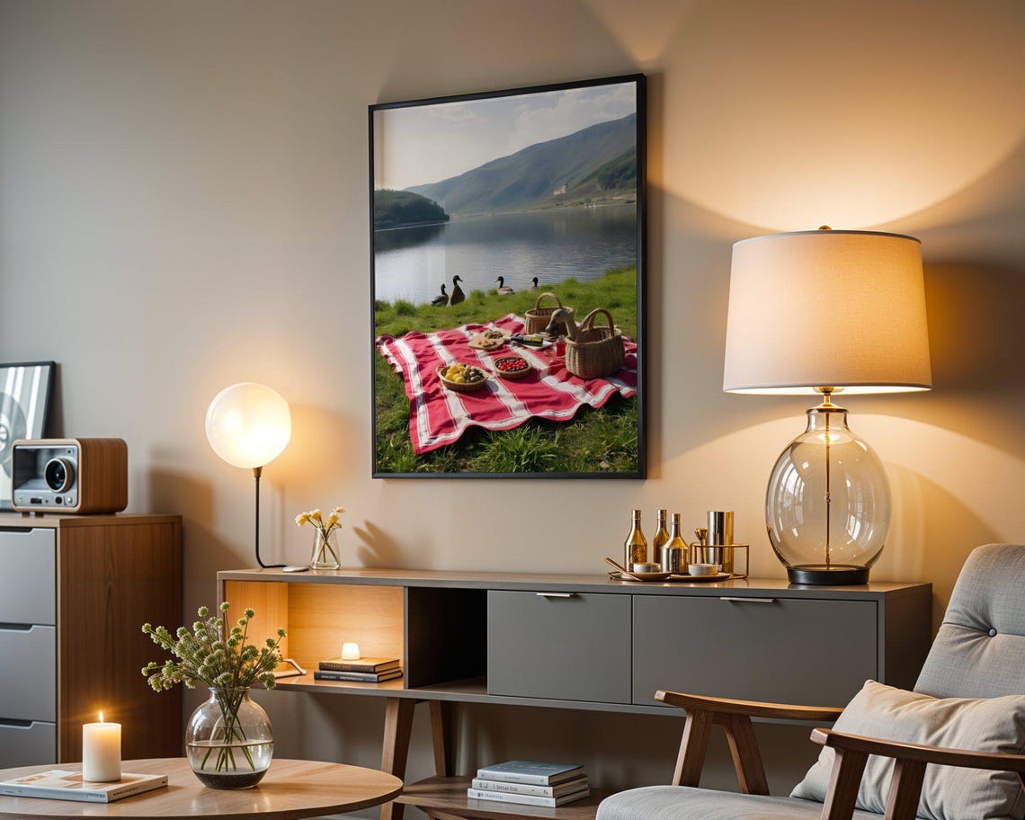 Lakeside Picnic Blanket With Baskets and Curious Ducks Poster - Image 5