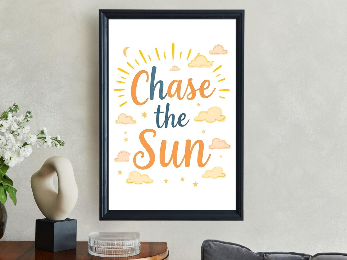 Chase the Sun Orange Navy Hand Lettered Sunshine Quote Poster