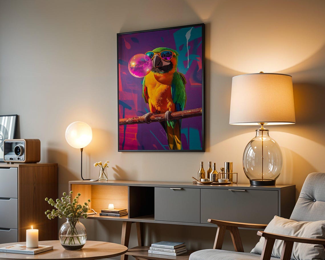 Cheerful Parrot Blowing Pink Bubblegum Bubble With Sunglasses Poster - Image 3