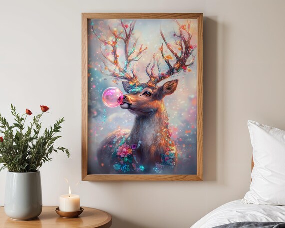 Magical Deer With Blossom Antlers Blowing Pink Bubble Poster
