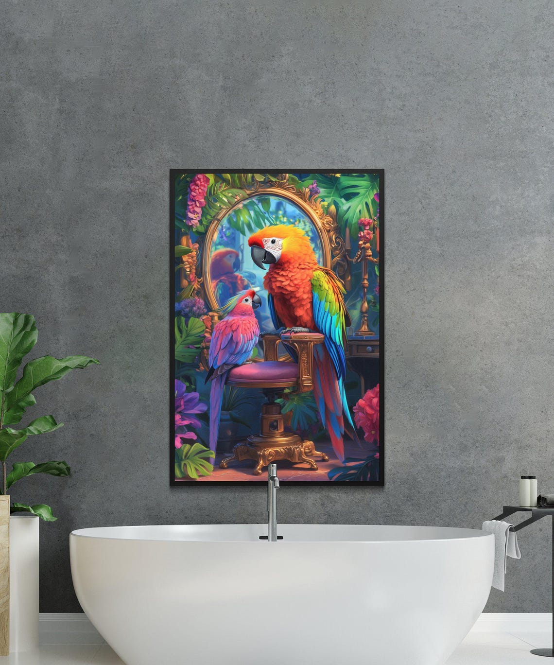 Two Colorful Parrots by an Ornate Mirror Tropical Decor Print - Image 2