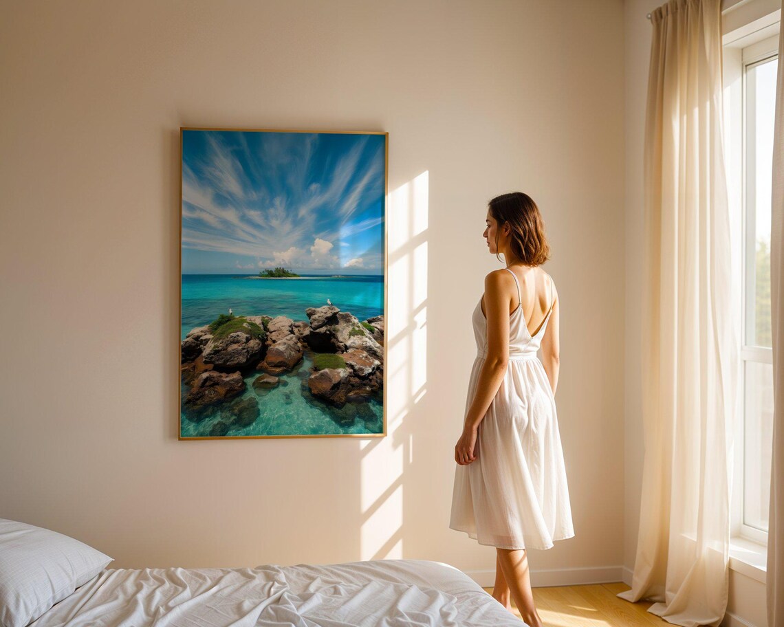 Rocky Shore With Crystal Water and Distant Green Island Poster - Image 4