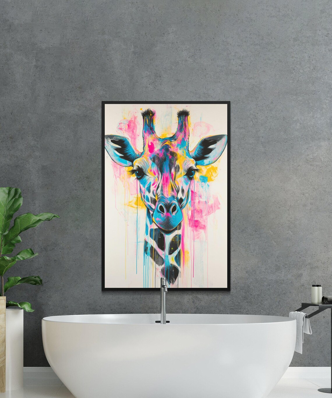 Vibrant Watercolor Splash Giraffe Portrait In Pink Blue And Yellow Poster - Image 4