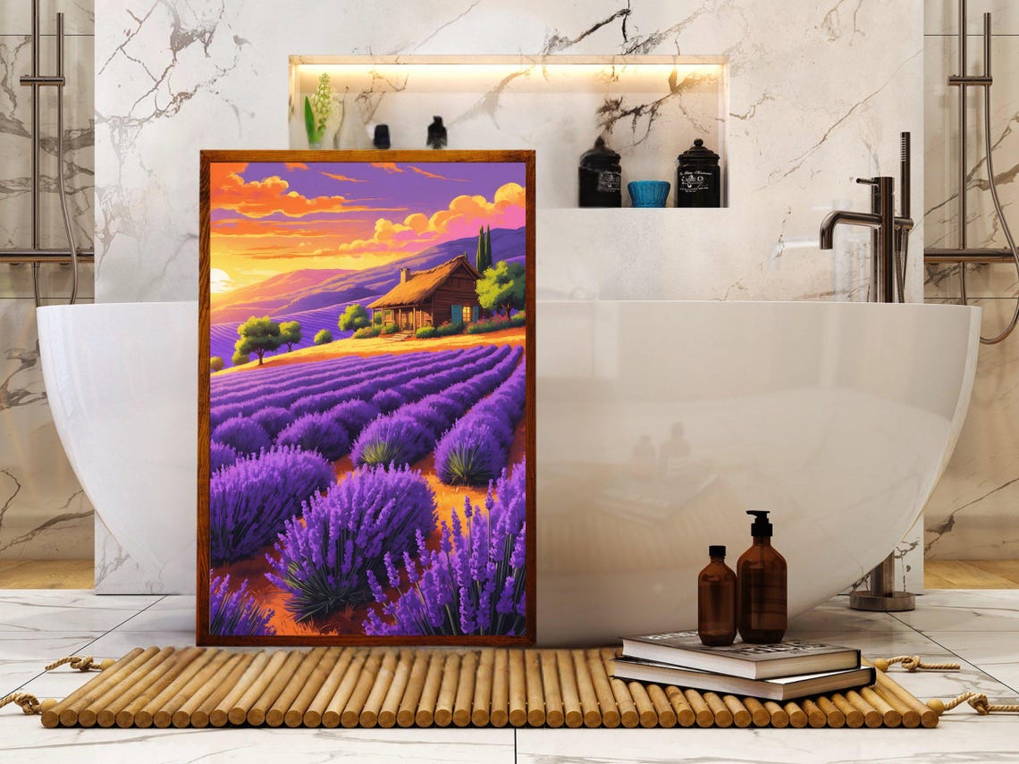 Lavender Field Sunset Rustic Cabin Golden Mountain Art Print - Image 5