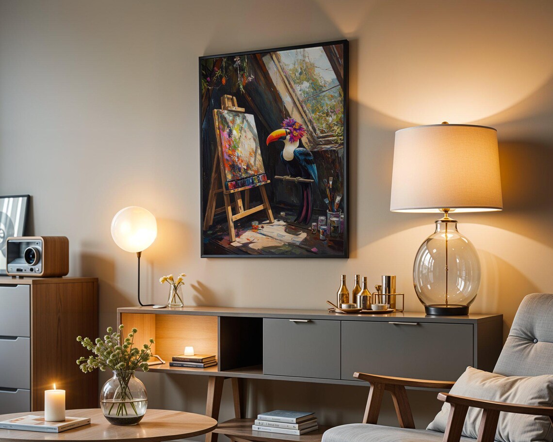 Toucan Artist With Flower Crown Painting In A Sunlit Art Studio Poster - Image 4
