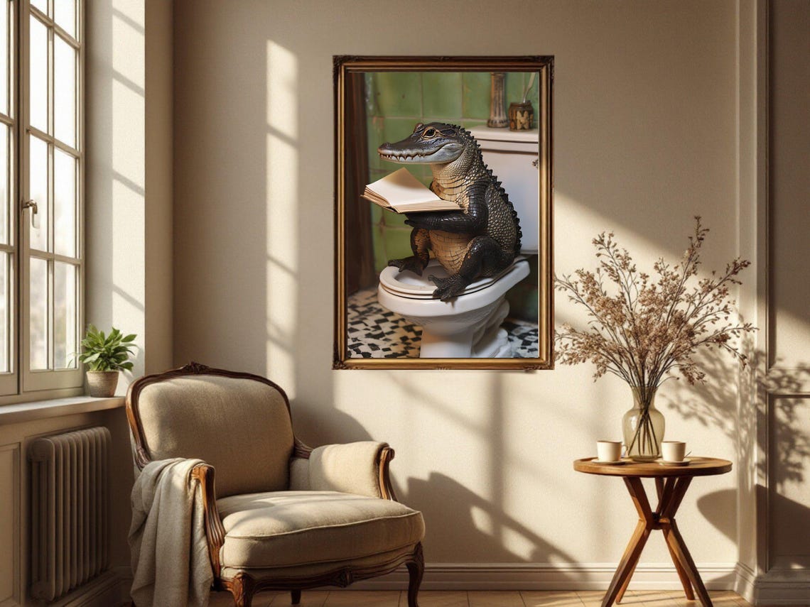 Charming Alligator Sitting on a Toilet Reading an Open Book Poster - Image 4