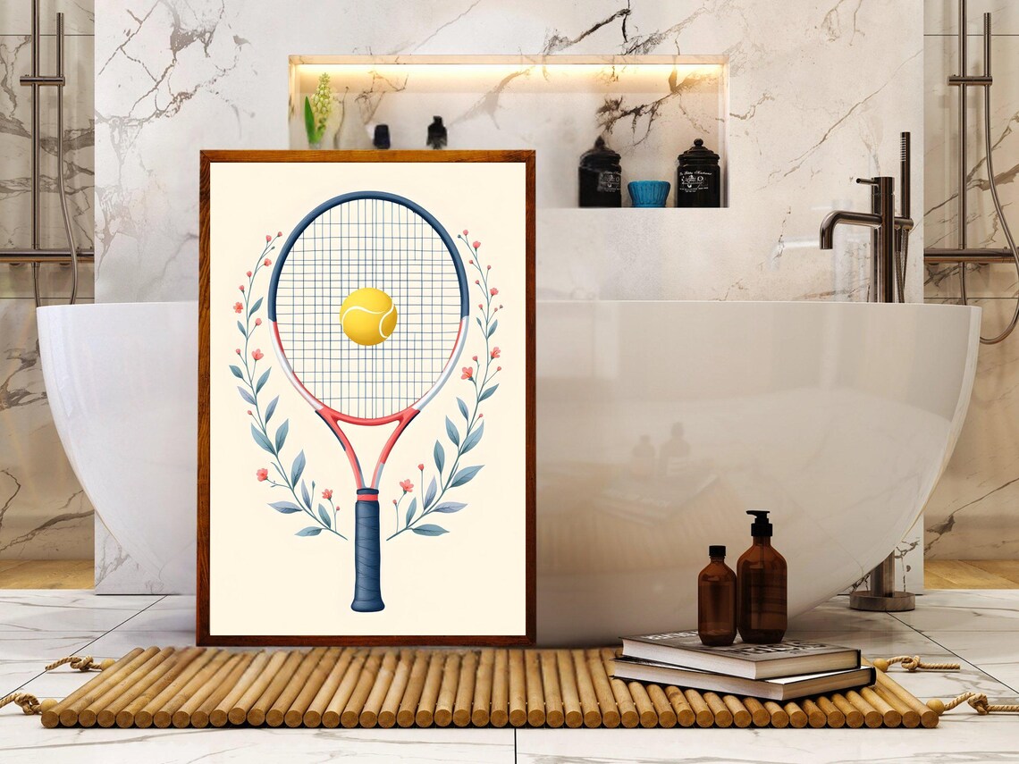 Tennis Racket with Tennis Ball and Botanical Floral Wreath Art Poster - Image 2
