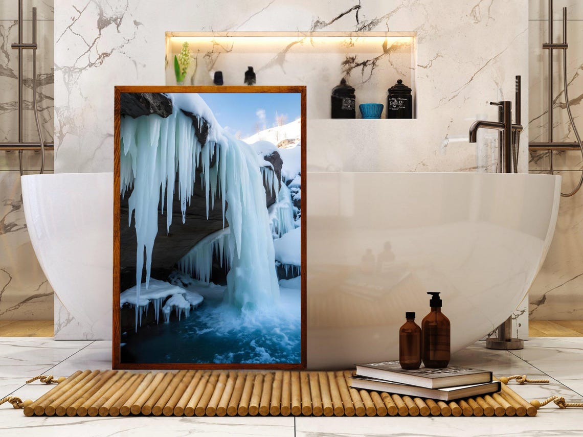 Frozen Waterfall With Long Icicles Above An Icy Pool In Winter Poster - Image 4
