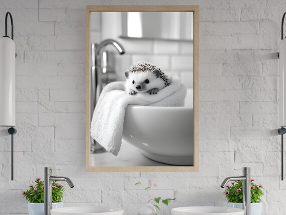 Hedgehog Peeking Over a White Towel Draped on a Sink Basin Poster
