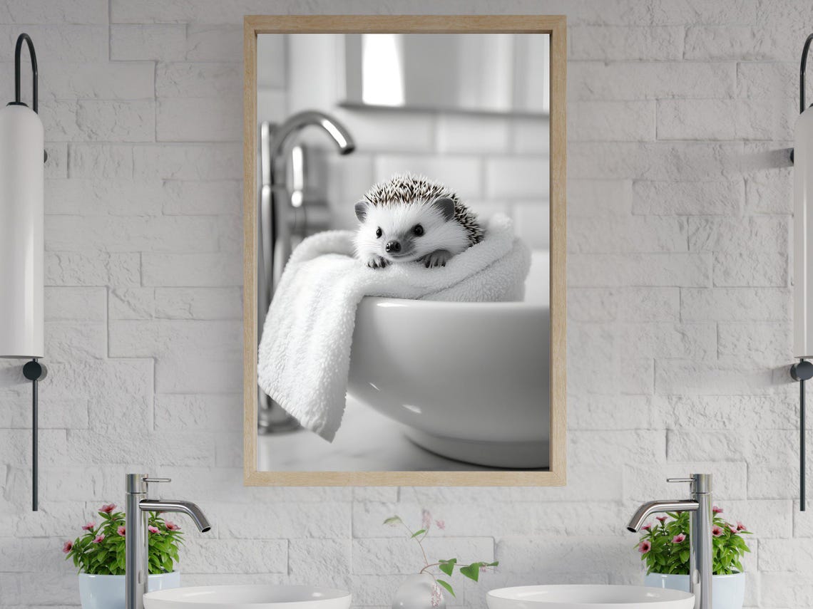 Hedgehog Peeking Over a White Towel Draped on a Sink Basin Poster