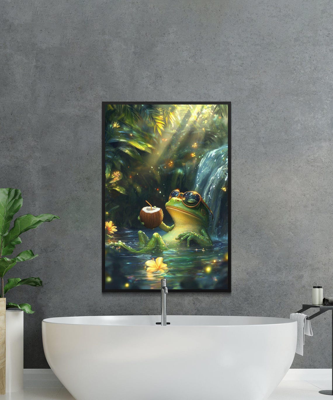 Relaxed Frog With Sunglasses Sipping Coconut by Waterfall Poster - Image 2