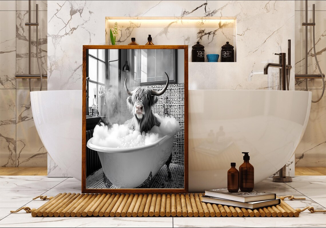 Highland Cow In Bubble Bath Black And White Cow Photo Poster - Image 4