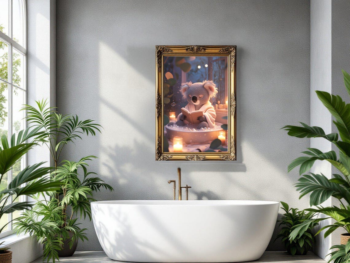 Cozy Koala Reading a Book in a Candlelit Evening Bubble Bath Poster - Image 3