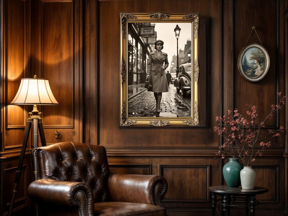 Vintage Street Style Wall Art Retro Woman Walking On Cobblestone Classic Fashion Poster Black And White Decor Timeless Photography Print - Image 5